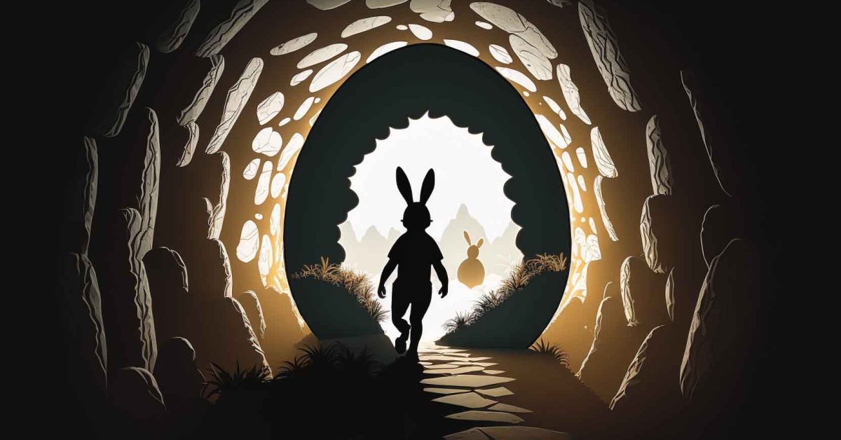 white rabbit traveling through a cave towards easter