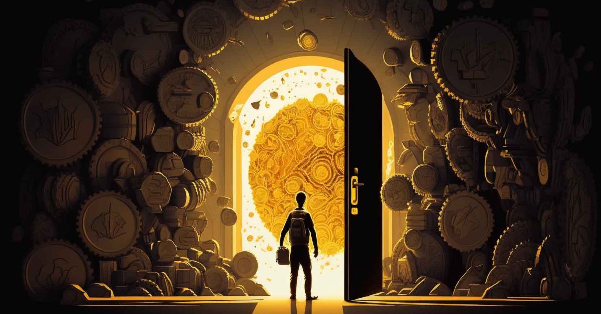 large bitcoin vault illustration being opened by satoshi nakamoto